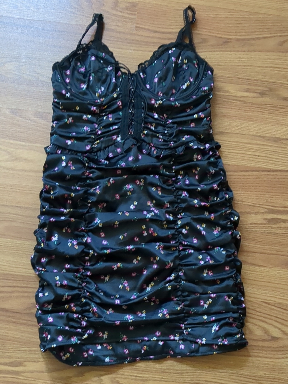For Love & Lemons Pansy Floral Ruched Mini Dress Black Satin Corset Front